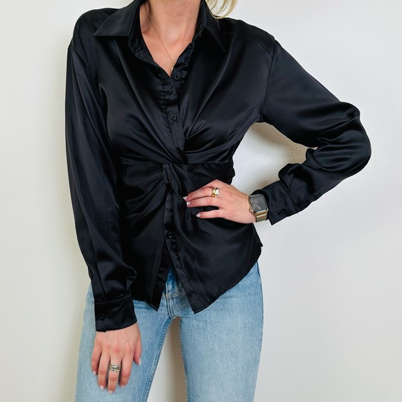 Shein Maite Perroni black satin solid front twist long sleeve blouse shirt - Picture 1 of 12